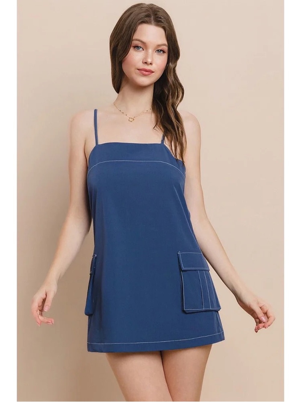 Blue Mini Shift Dress with Pocket Detail